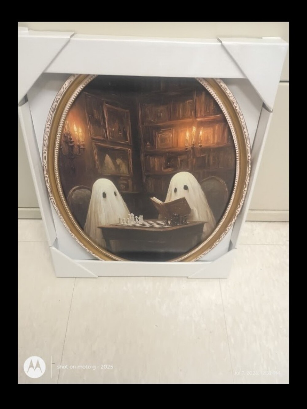 Ghosts Playing Chess Round Framed Wall Art - White & Brown